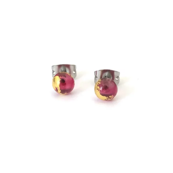 Cranberry-Pink-Gold-Handmade-Glass-Stud-Earrings