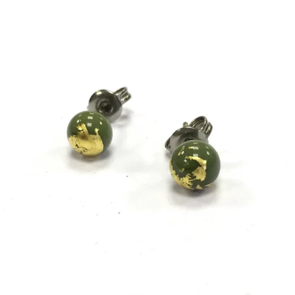 Olive-and-Gold-Handmade-Glass-Stud-Earrings