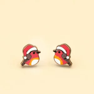 Christmas-Robin-Bird-in-Red-Santa-Hat-Wood-Earrings