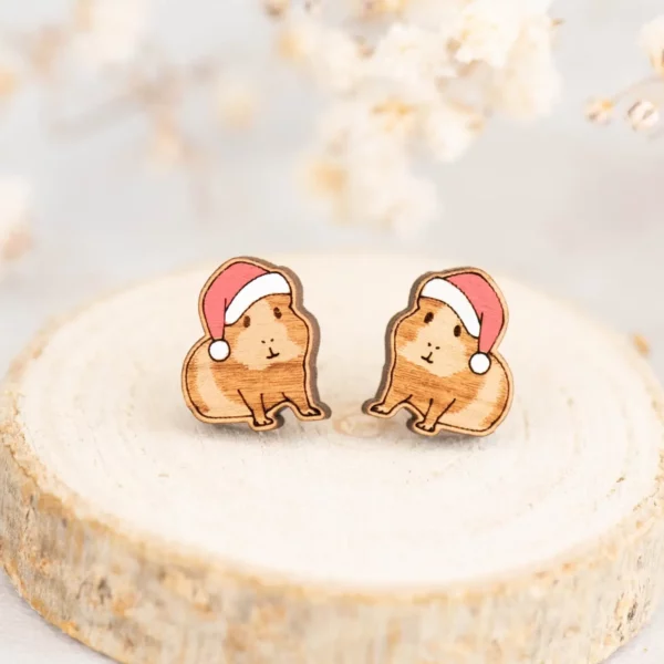 Hand-Painted-Guinea-Pig-Earrings-in-Santa-Hat-eco-Wooden-Earrings