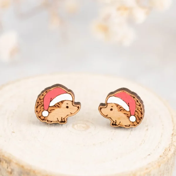 hand-painted-Hedgehog-in-Santa-Hat-Wooden-Earrings