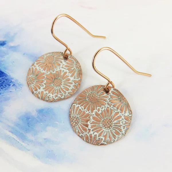 Enamel-and-Daisy-Textured-Copper-Dangle-Earrings